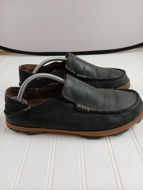 Olukai Moloa Men's 10 Black Nubuck Leather Casual Shoes Slip-On Loafer Round Toe